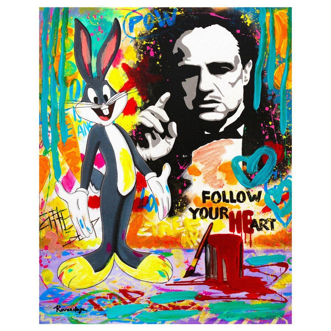 Nastya Rovenskaya- Original Mixed Media on Canvas "The Godfather": Artist: Nastya Rovenskaya. Medium: Original Mixed Media on Canvas. Title: The Godfather. Size: 20" x 16". Signature: Hand signed. Certificate of Authenticity: Is included. Reference#: 70976.