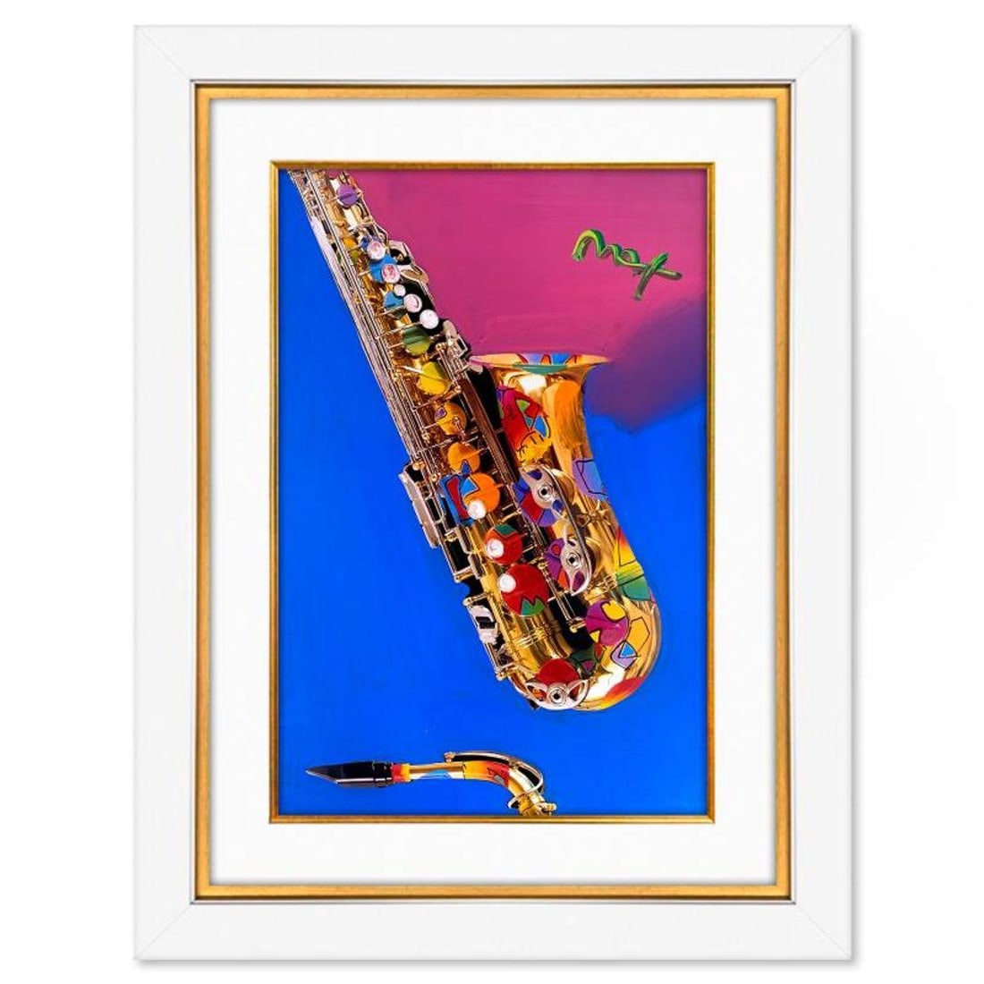 Peter Max, "Jazz" Framed One-of-a-Kind Mixed Media, Hand Signed with Registration Number Certifying: Jazz is a one-of-a-kind mixed media on paper, hand signed by Peter Max. The piece comes custom framed with a backside cutout to display Peter Max Studio registration number 319374 certifying