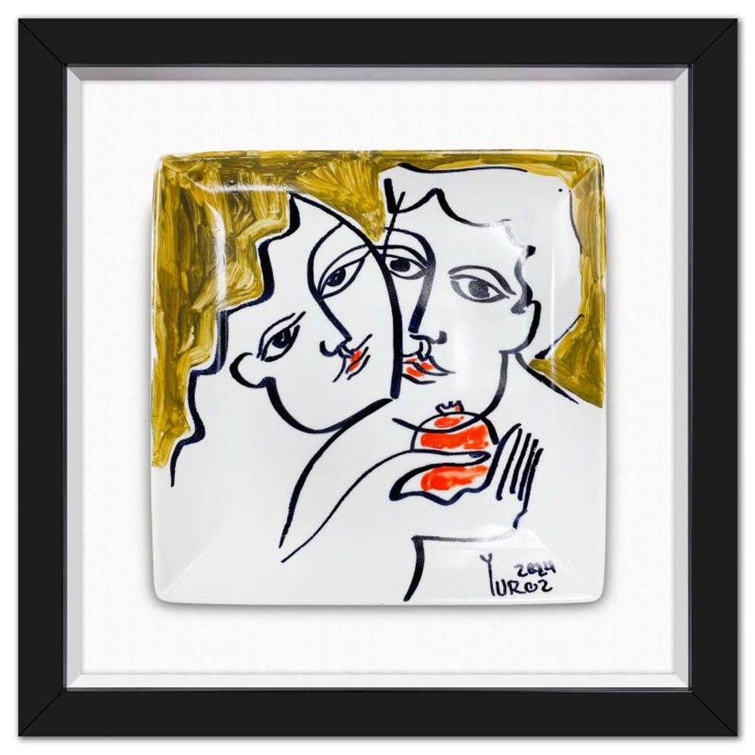 Yuroz, Framed Hand Painted Ceramic Plate, Hand Signed with Letter of Authenticity.: This is a hand painted ceramic plate by Yuroz, hand signed by the artist. This piece comes custom framed floated on linen. Includes Letter of Authenticity. Measures approx. 15.5" x 15.5" (frame), 10"