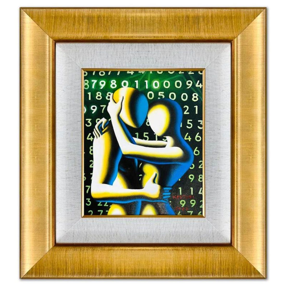 Mark Kostabi, "Binary Affection" Framed Original Oil Painting on Canvas, Hand Signed with a: Binary Affection is an original oil painting on canvas by Mark Kostabi, hand signed by the artist. This piece comes custom framed. Includes Certificate of Authenticity. Measures approx. 22" x 20" (fra
