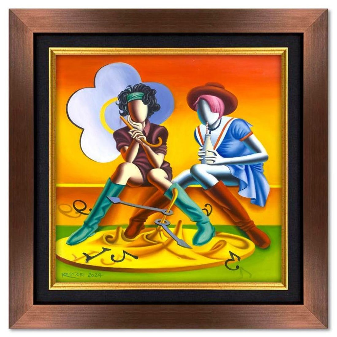 Mark Kostabi, "Best Friends" Framed Original Oil Painting on Canvas, Hand Signed with COA: Best Friends is an original oil painting on canvas by Mark Kostabi, hand signed by the artist. This piece comes custom framed. Includes Certificate of Authenticity. Measures approx. 30" x 30" (frame),