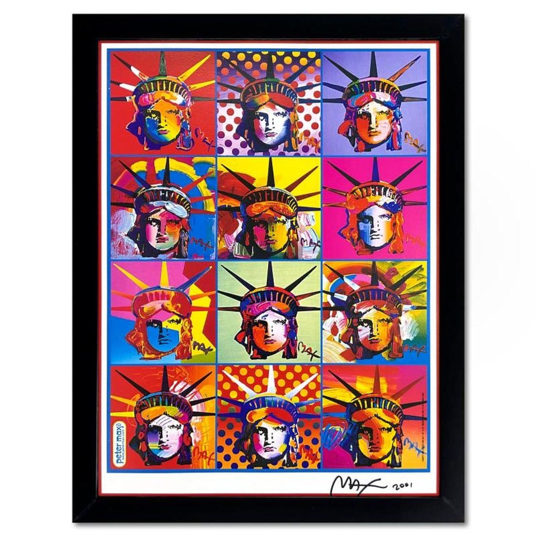 Peter Max, "9-11 Liberty & Justice for All" Framed Hand Signed Offset Lithograph with Letter of: 9-11 Liberty & Justice for All is an offset lithograph on paper by Peter Max, hand signed by the artist. This piece comes custom framed. Includes Letter of Authenticity. Measures approx. 28" x 22" (fr