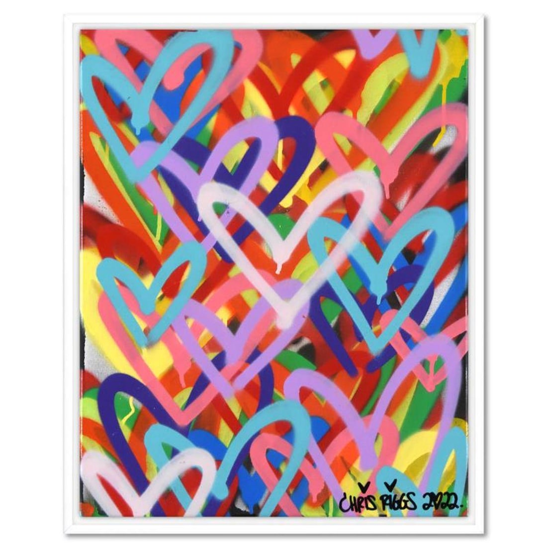 Chris Riggs, "Love" Framed Original Spray Paint Painting on Canvas, Hand Signed with Letter of: Love is an original spray paint painting on canvas by Chris Riggs, hand signed by the artist. This piece comes framed. Includes Letter of Authenticity. Measures approx. 17" x 21" (frame), 16" x 20" (i