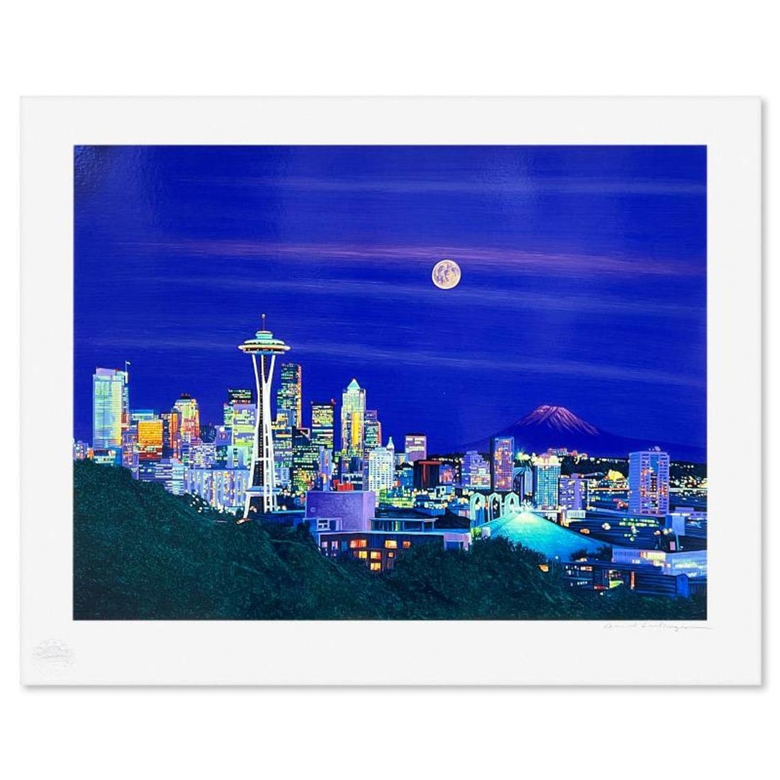 David Gallegos, "Seattle Moon" Limited Edition Serigraph from a PP Edition, Hand Signed with Letter: Seattle Moon is a limited edition serigraph from a PP Edition on paper by David Gallegos, hand signed by the artist. Includes Letter of Authenticity. Measures approx. 29" x 35" (border), 23" x 30"