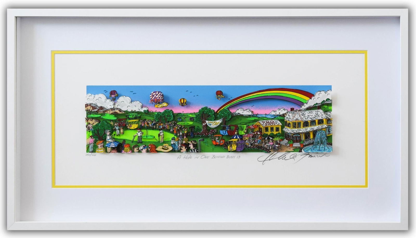 Charles Fazzino- 3D Construction Silkscreen Serigraph "A Hole In One Behind Bush 13 (Yellow)": Artist: Charles Fazzino. Medium: 3D Construction Silkscreen Serigraph. Title: A Hole In One Behind Bush 13 (Yellow). Size: 12" x 25". Measures approx. 28" x 33" (framed). Signature: Hand Signed and