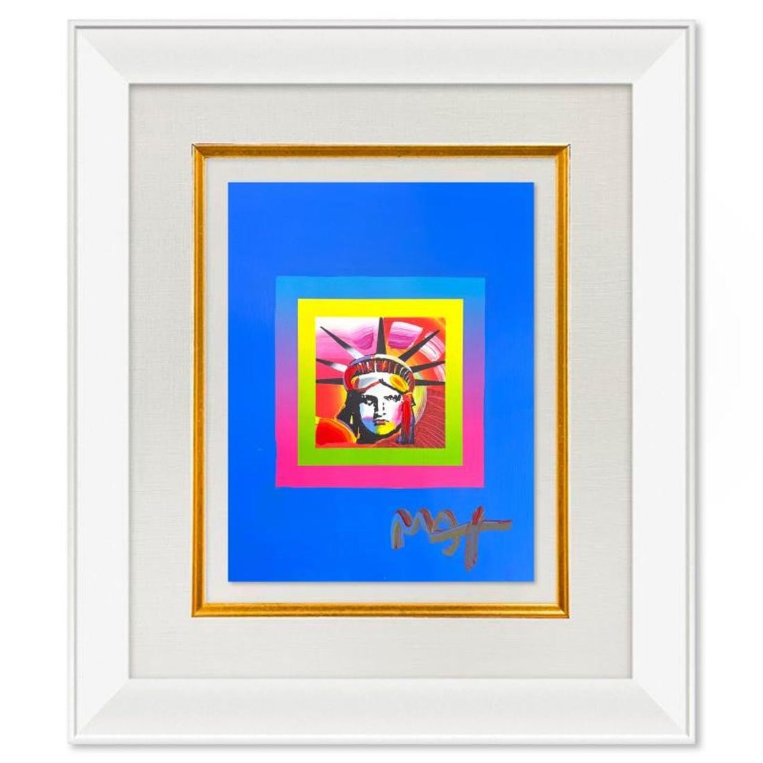 Peter Max, "Liberty" Framed One-of-a-Kind Acrylic Mixed Media, Hand Signed with Registration Number: Liberty is a hand signed one-of-a-kind acrylic mixed media on paper by Peter Max. The piece comes custom framed with a backside cutout to display Peter Max Studio registration number 158644