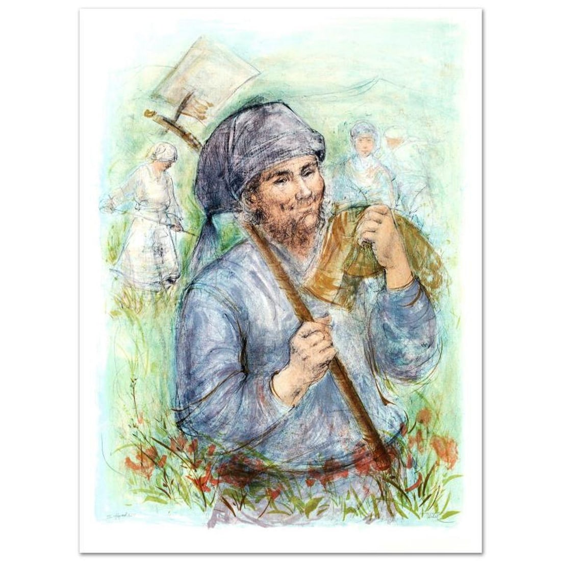 Man with Hoe Limited Edition Lithograph (28" x 39") by Edna Hibel (1917-2014), Numbered and Hand: Man with Hoe is a limited edition lithograph on paper, numbered and hand signed by Edna Hibel (1917-2014). Includes Certificate of Authenticity! Measures approx. 30" x 41.5" (with border), 28" x 39" (