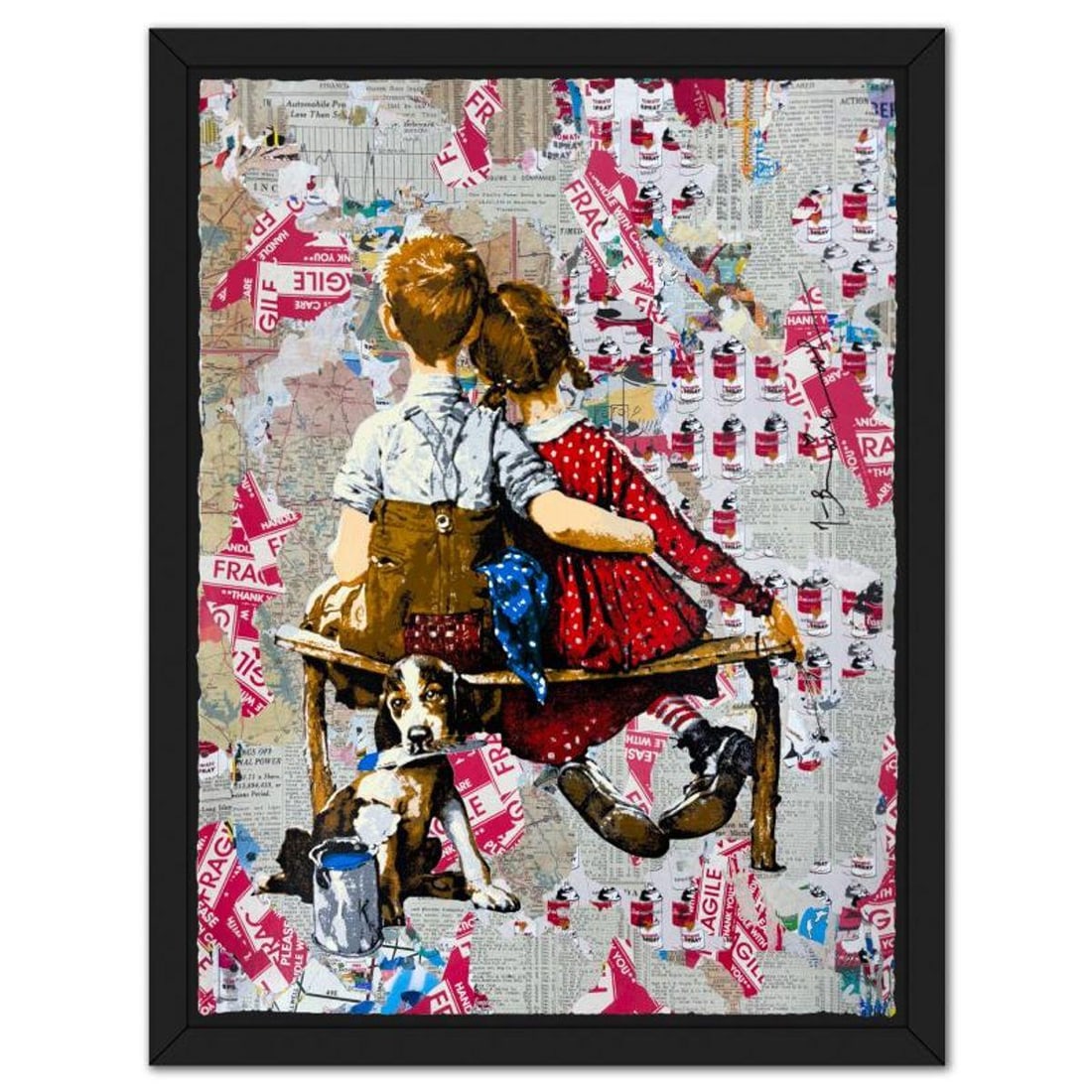 Mr Brainwash, "Work Well Together" Framed Unique (UNQ) Mixed Media, Hand Signed with Certificate of: Work Well Together is a unique (UNQ) mixed media on deckle edge paper by Mr Brainwash, Hand Signed and thumbprinted inverso by the artist. This piece comes custom framed. Includes Certificate of Authe