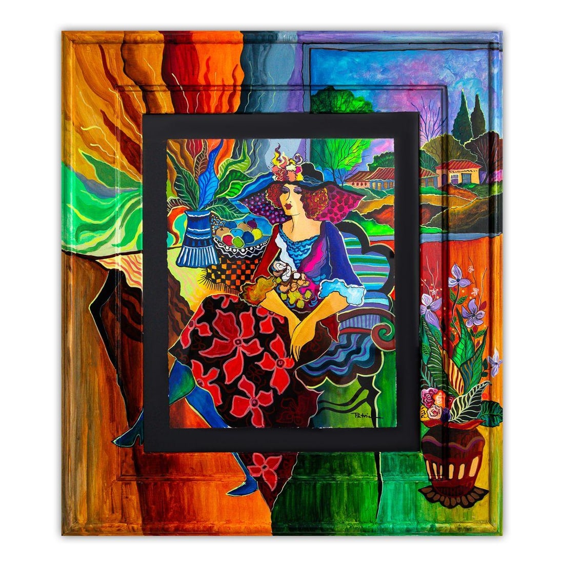 Patricia Govezensky- Original Watercolor with Hand Painted Frame "Harmonies in Bloom": Artist: Patricia Govezensky. Medium: Original Watercolor with Hand Painted Frame. Title: Harmonies in Bloom. Size: 14" x 11". Measures approx. 24.5" x 21.5" (framed). Signature: Hand Signed by the Art