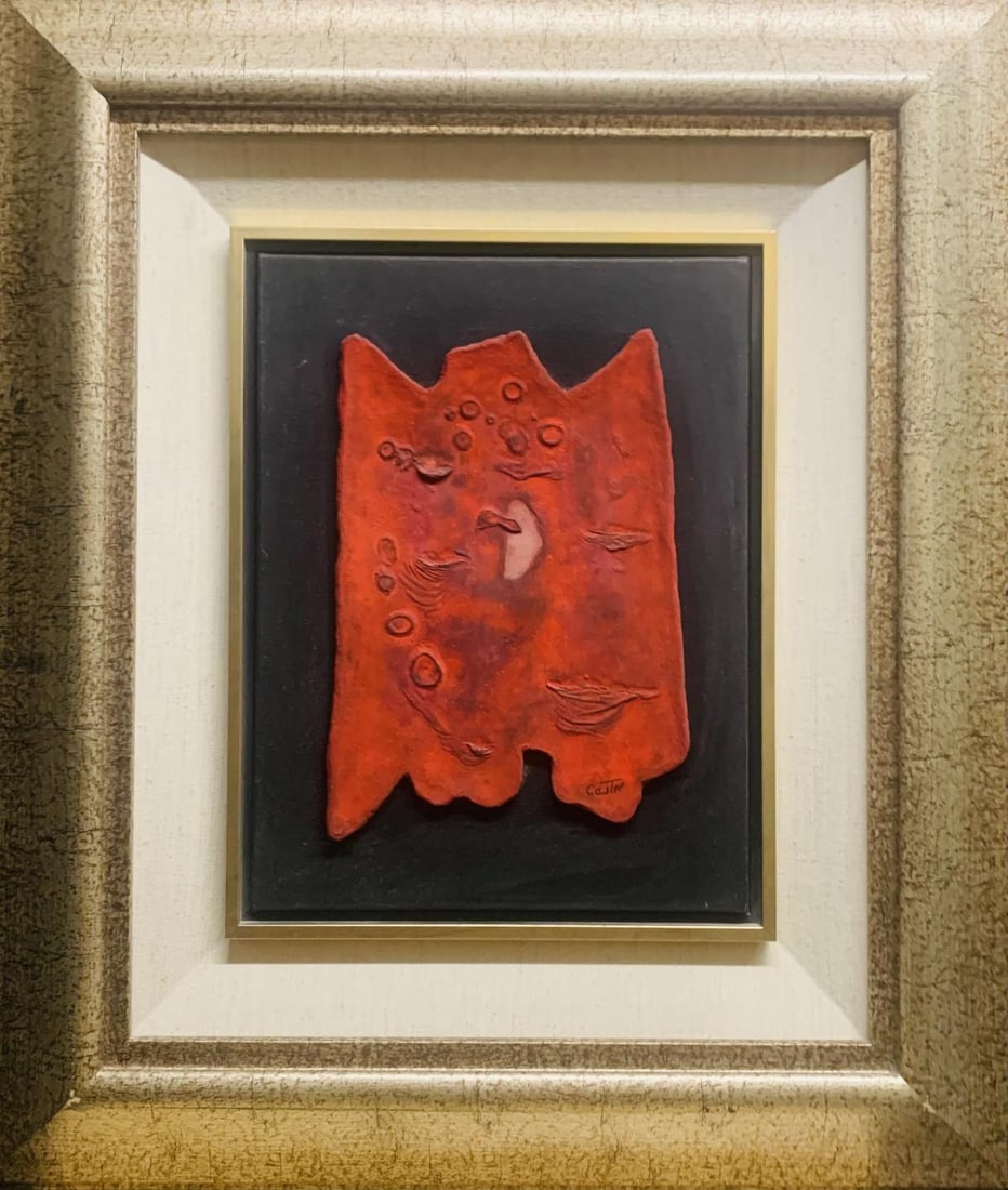 Moshe Castel- Mixed meda unique on stone "Red Basalt": Artist: Moshe Castel. Medium: Mixed meda unique on stone. Title: Red Basalt. Measures approx. 20" x 28" (framed). Signature: Hand signed. Reference#: 35487.