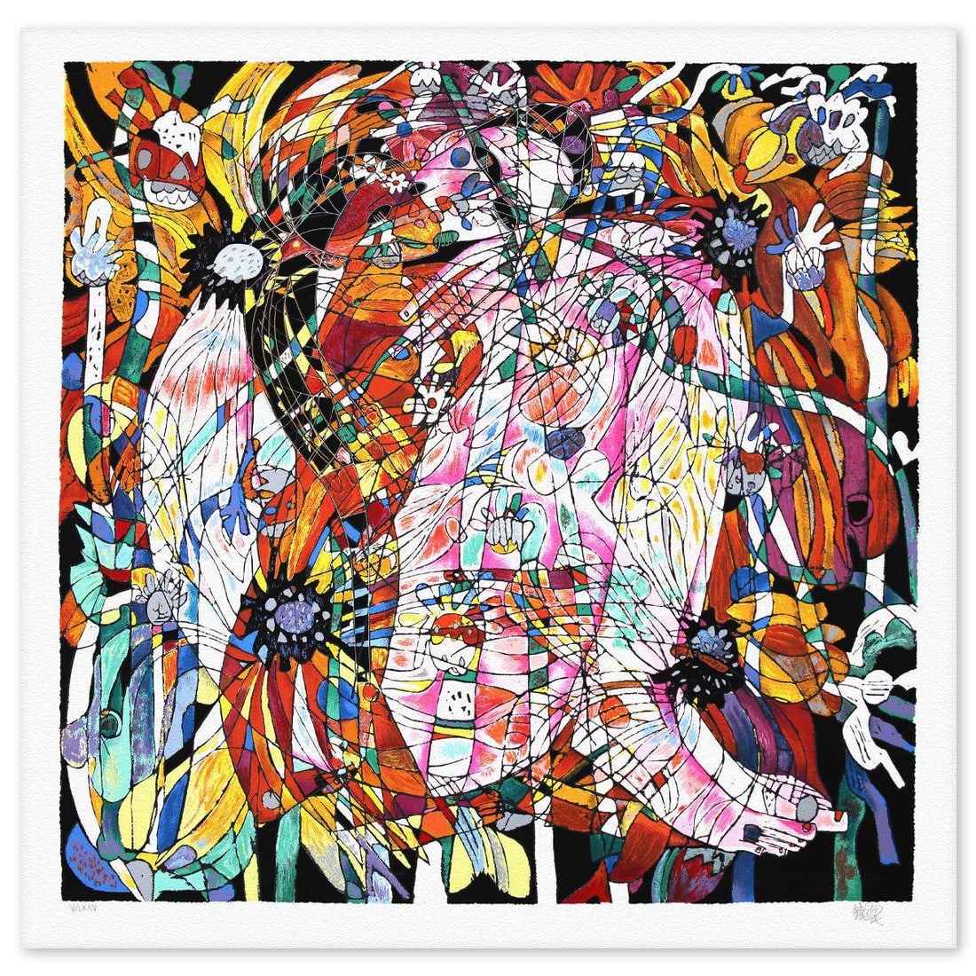 Jian Tie Feng- Silkscreen "Blossoming Flowers": Artist: Jian Tie Feng. Medium: Silkscreen. Title: Blossoming Flowers. Size: 44" x 43". Signature: Hand Signed and Numbered. Reference#: 80538.