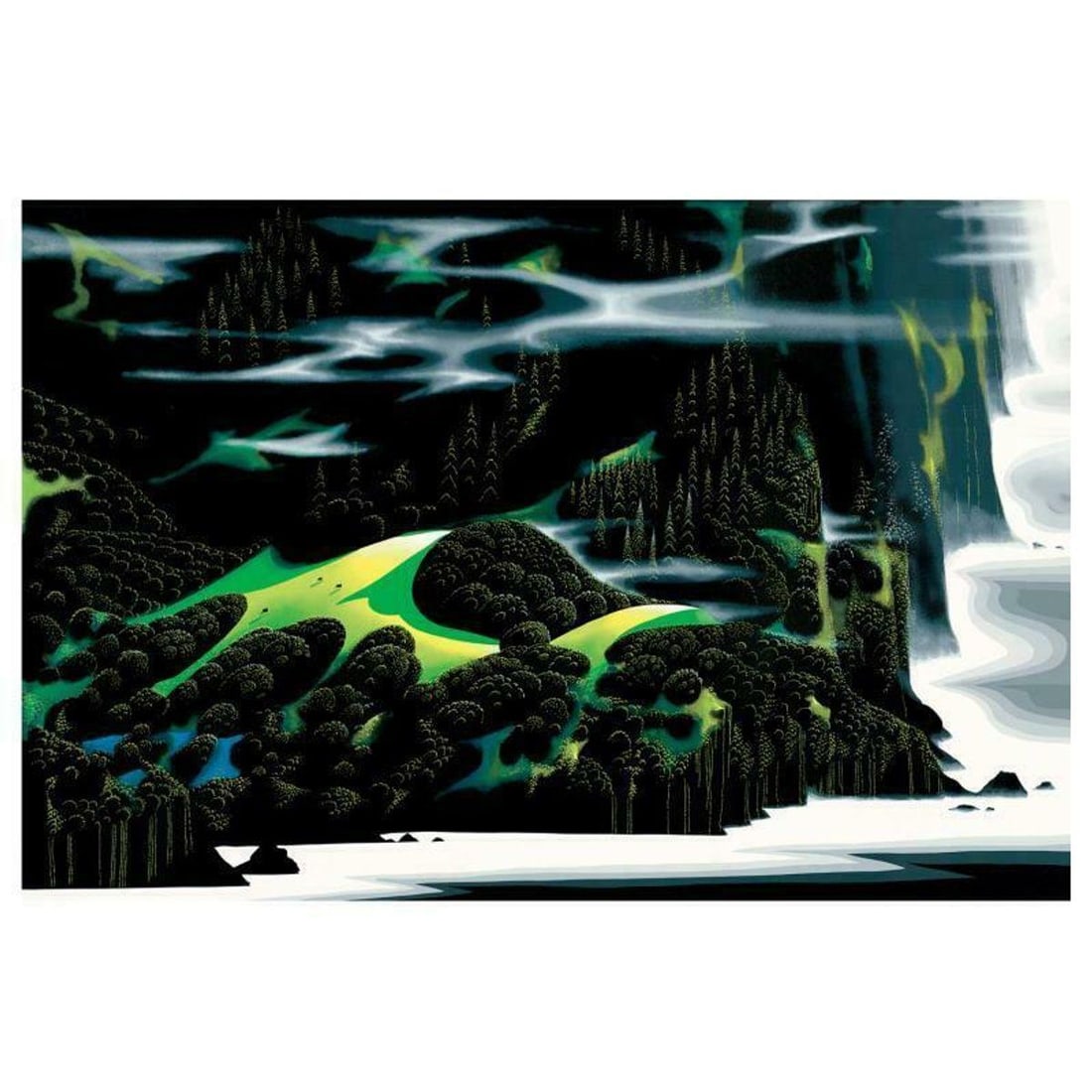 Eyvind Earle (1916-2000), "Haze Of Early Spring" Limited Edition Serigraph on Paper; Numbered & Hand: Haze Of Early Spring is a limited edition serigraph on paper by Eyvind Earle (1916-2000). The piece is numbered, hand-signed by the artist, and accompanied by a certificate of authenticity. Measures