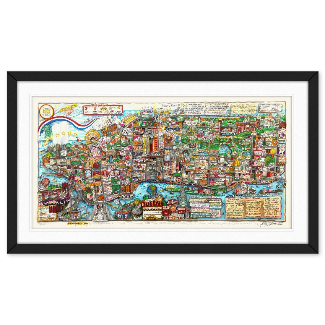 Charles Fazzino- 3D Construction Silkscreen Serigraph "NEW YORK IS, ": Artist: Charles Fazzino. Medium: 3D Construction Silkscreen Serigraph. Title: NEW YORK IS, . Size: 22" x 42". Measures approx. 30" x 51" (framed). Signature: Hand signed and numbered by the artist. Ce