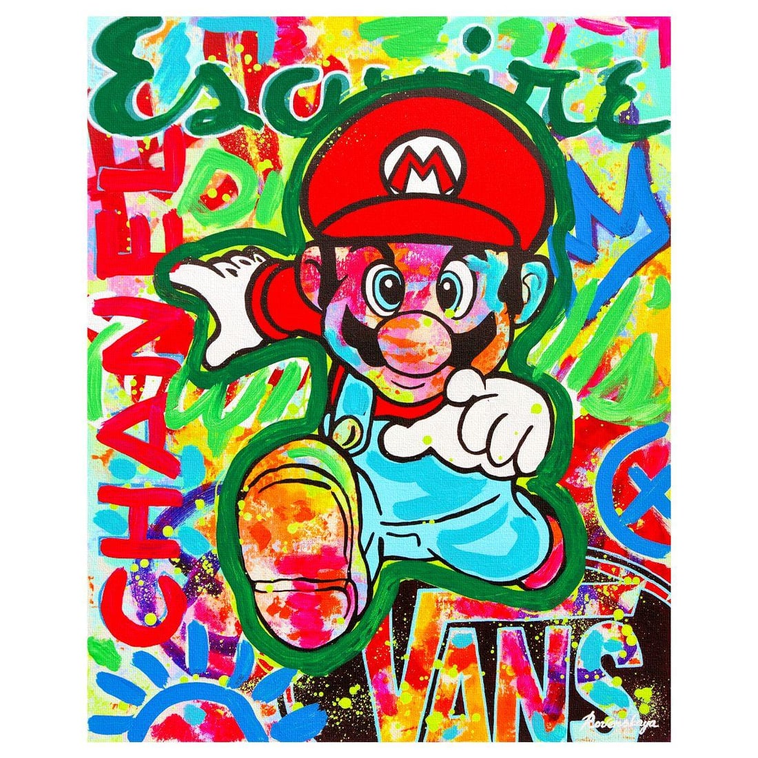 Nastya Rovenskaya- Mixed Media on Canvas "Super Mario's Urban Quest": Artist: Nastya Rovenskaya. Medium: Mixed Media on Canvas. Title: Super Mario's Urban Quest. Size: 20" x 16". Signature: Hand signed. Certificate of Authenticity: Is included. Reference#: 26342.