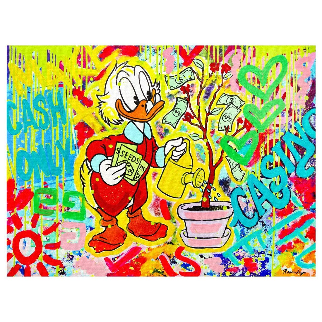 Nastya Rovenskaya- Mixed Media on Canvas "Cartoon Rebels": Artist: Nastya Rovenskaya. Medium: Mixed Media on Canvas. Title: Cartoon Rebels. Size: 30" x 40". Signature: Hand Signed. Certificate of Authenticity: Is included. Reference#: 30201.