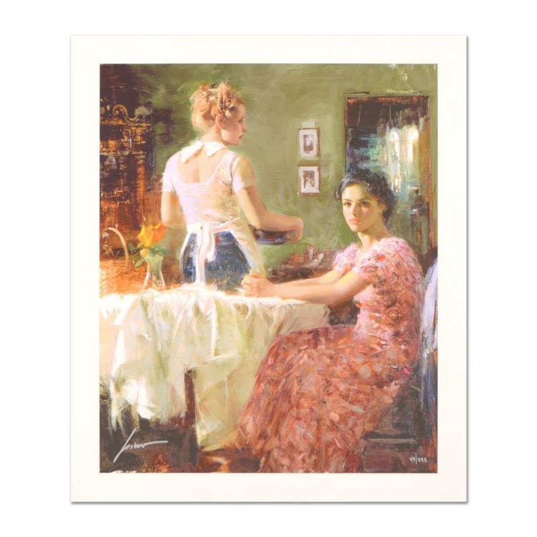 Pino (1939-2010) "Sharing Moments" Limited Edition Giclee. Numbered and Hand Signed; Certificate of: Sharing Moments is a limited edition giclee on paper by Pino (1939-2010). The piece comes numbered and is hand signed by the artist. Includes Certificate of Authenticity. Measures approximately 20 x