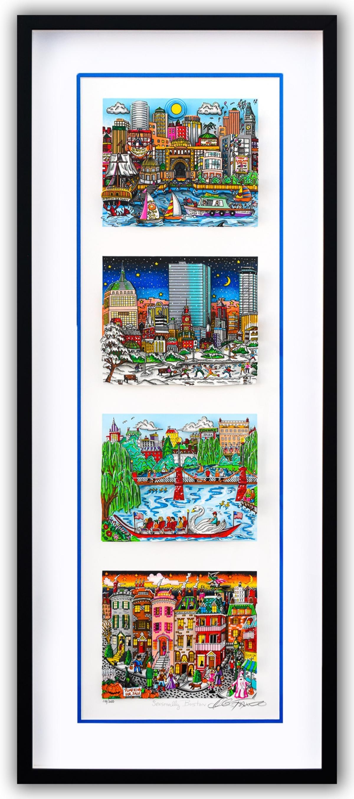 Charles Fazzino- 3D Construction Silkscreen Serigraph "Seasonally Boston (Blue)": Artist: Charles Fazzino. Medium: 3D Construction Silkscreen Serigraph. Title: Seasonally Boston (Blue). Size: 33" x 10". Measures approx. 41" x 18.5" (framed). Signature: Hand Signed and Numbered by t