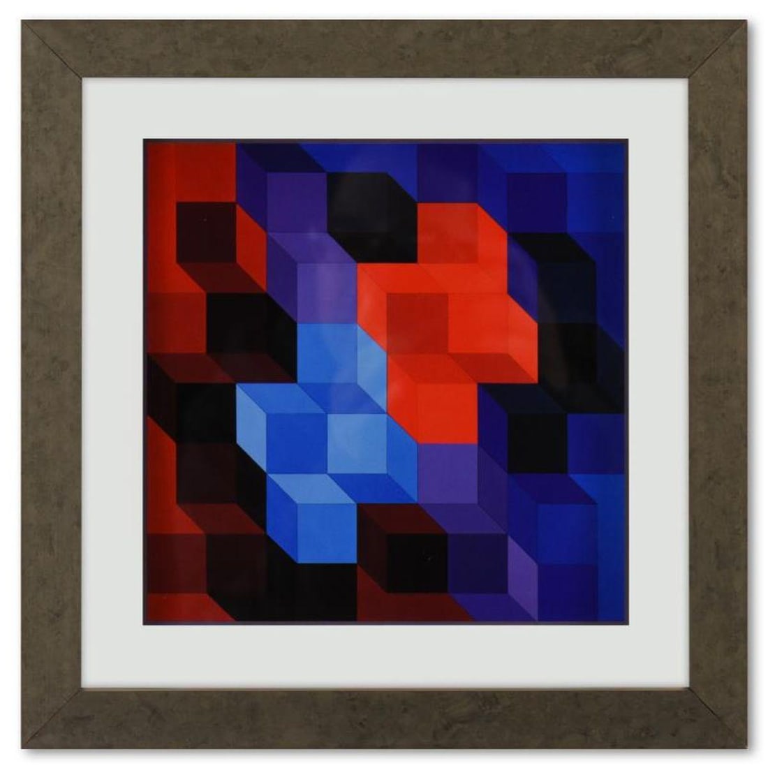 Victor Vasarely (1908-1997), "Deuton - RB de la serie Hommage A L'Hexagone" Framed 1971 Heliogravure: Deuton - RB de la serie Hommage A L'Hexagone is a heliogravure print on paper, published in 1971, by Victor Vasarely (1908-1997). This piece comes custom framed, with a letter of authenticity and with