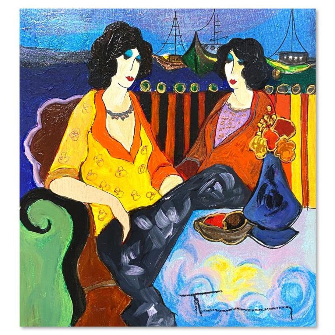 Itzchak Tarkay (1935-2012), "At the Port" One-of-a-Kind Mixed Media Over Paint on Wood, Hand Signed: At the Port is a one-of-a-kind mixed media over paint on wood by Itzchak Tarkay (1935-2012), hand signed by the artist. Includes Letter of Authenticity. Measures approx. 9" x 8.5" (image).