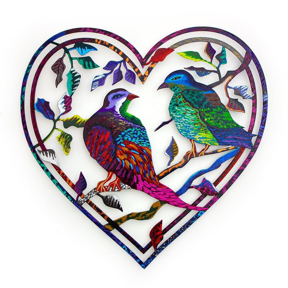 Patricia Govezensky- Original Painting on Laser Cut Steel "Love Birds": Artist: Patricia Govezensky. Medium: Original Painting on Laser Cut Steel. Title: Love Birds. Size: 16" x 16". Signature: Hand Signed by the artist. Certificate of Authenticity: From the publisher.