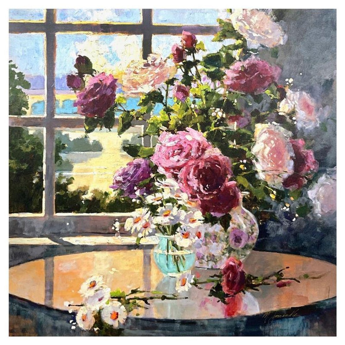 Marilyn Simandle, "Morning Roses" Hand Embellished Limited Edition on Canvas, Numbered and Hand: Morning Roses is a hand embellished limited edition giclee on canvas by Marilyn Simandle, numbered and hand signed by the artist. Includes Letter of Authenticity. Measures approx. 30" x 30" (image).