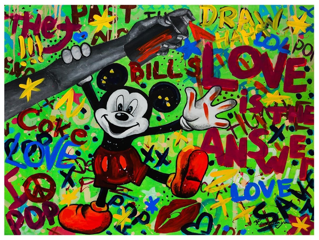 Nastya Rovenskaya- Mixed Media "Mickey Mouse In Love": Artist: Nastya Rovenskaya. Medium: Mixed Media. Title: Mickey Mouse In Love. Size: 30" x 40". Signature: Hand Signed by the artist. Certificate of Authenticity: From the publisher. Reference#: 19097.
