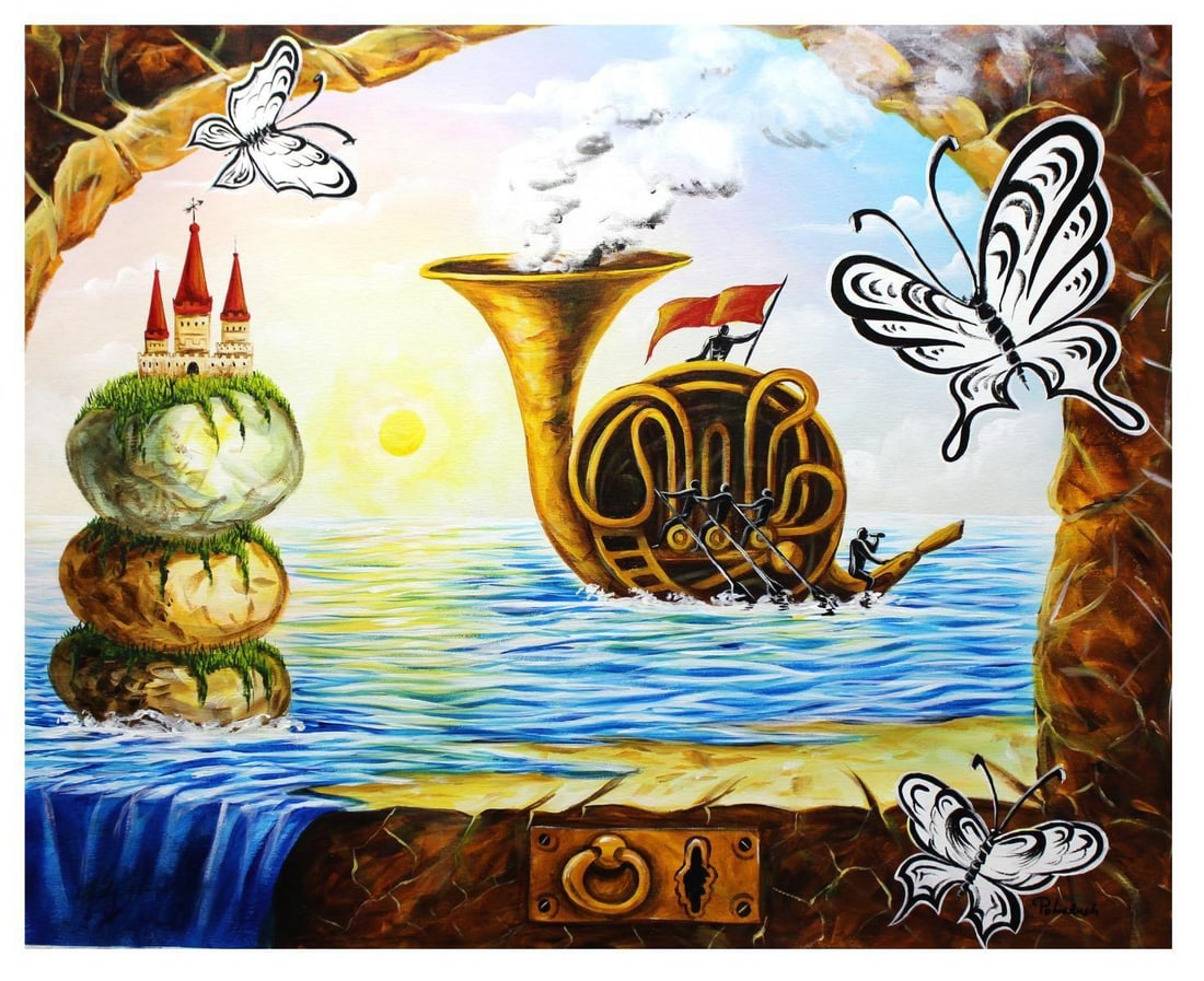 Eugene Poliarush- Original Oil on Canvas "Musical Boat": Artist: Eugene Poliarush. Medium: Original Oil on Canvas. Title: Musical Boat. Size: 24" x 30". Signature: Hand Signed by the artist. Certificate of Authenticity: From the publisher. Reference#: