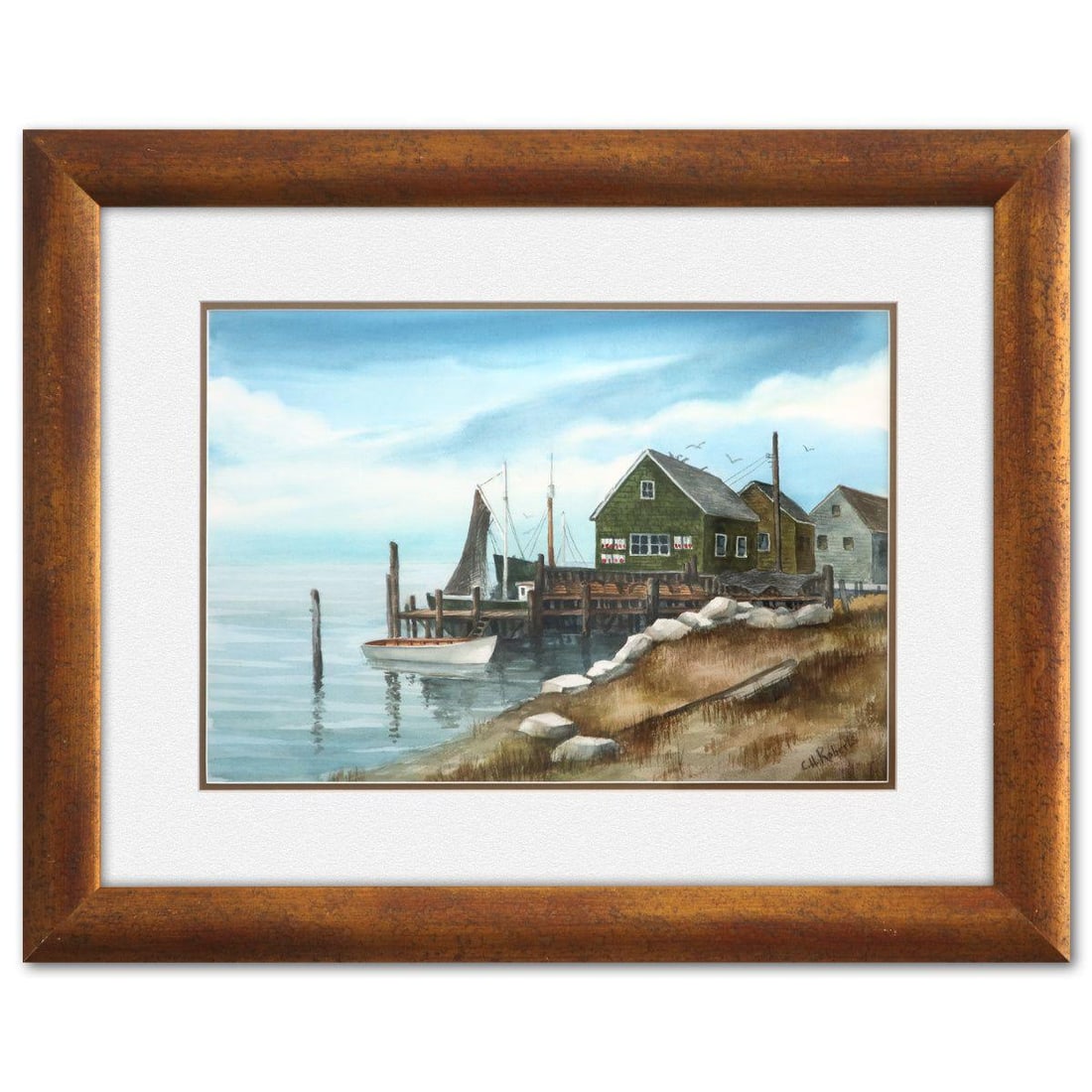 Roberts Clyde- Watercolor "Stonington Maine": Artist: Roberts Clyde. Medium: Watercolor. Title: Stonington Maine. Size: 13" x 19". Measures approx. 24" x 30" (framed). Signature: Hand Signed. Reference#: 74592.