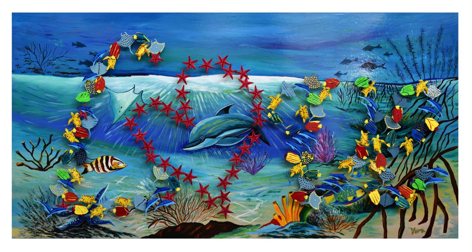 Vera V. Goncharenko- Original Painting on Cutout Steel and Board "Ocean Life": Artist: Vera V. Goncharenko. Medium: Original Painting on Cutout Steel and Board. Title: Ocean Life. Size: 24" x 47". Signature: Hand Signed by the artist. Certificate of Authenticity: From the publis