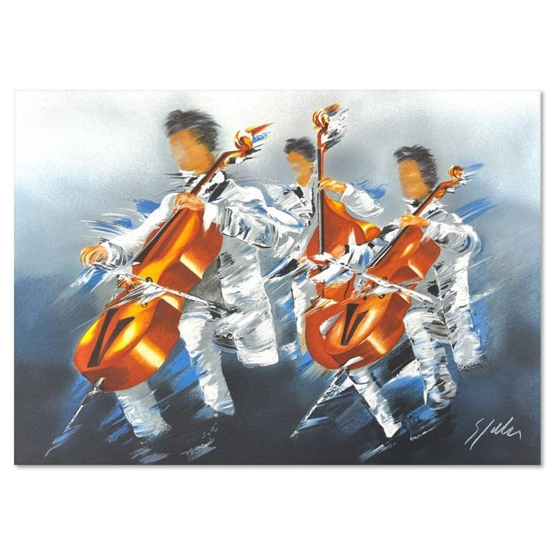 Victor Spahn, "Cellists Trio" hand signed limited edition lithograph with Certificate of: Cellists Trio is a limited edition lithograph on paper by Victor Spahn. Printed at Art-Lithographies workshop in Paris, the piece is hand signed by the artist and comes with a certificate of authentic