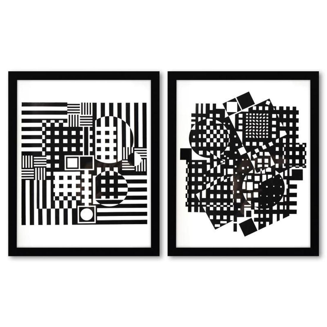 Victor Vasarely (1908-1997), "Torke-UY et Jerusa de la serie Croises (Diptych)" Framed 1973: Torke-UY et Jerusa de la serie Croises (Diptych) is a set of heliogravure prints on paper, published in 1973, by Victor Vasarely (1908-1997). These pieces come custom framed, with a letter of