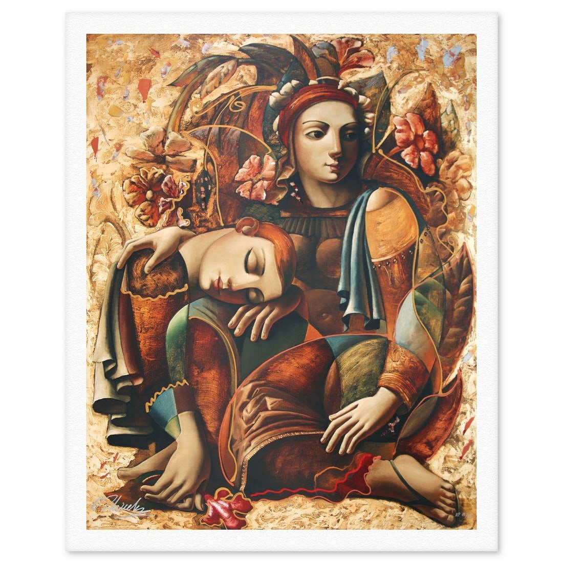 Oleg Zhivetin- Silkscreen "Lovers with Flowers": Artist: Oleg Zhivetin. Medium: Silkscreen. Title: Lovers with Flowers. Size: 42" x 34". Signature: Hand signed and numbered. Reference#: 74690.