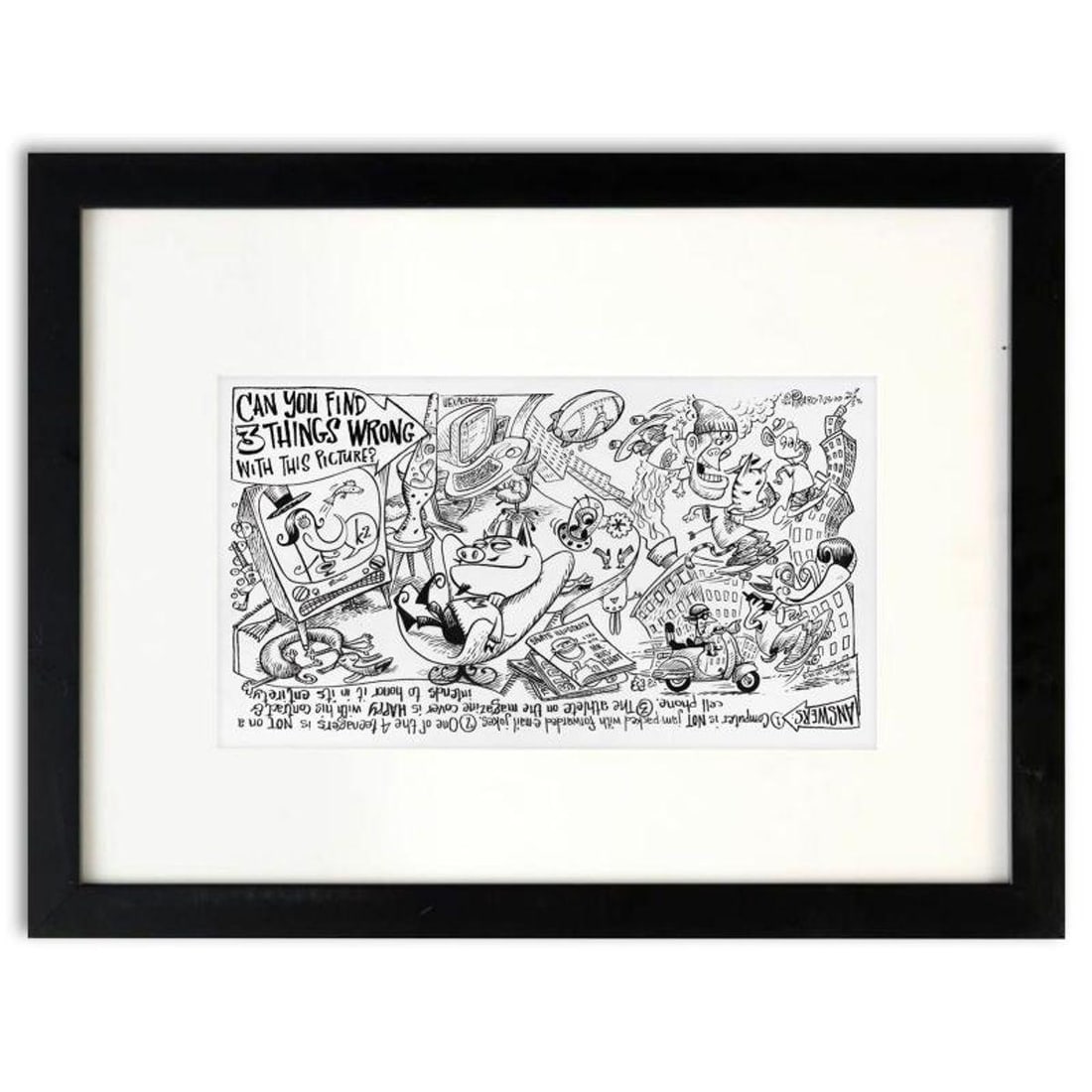 Bizarro, "Find What's Wrong" is a Framed Original Pen & Ink Drawing by Dan Piraro, Hand Signed with: Enter a surreal and satirical world of twisted imagination and award winning creativity. "Find What's Wrong" is an original pen & ink drawing on paper by Dan Piraro, creator of the critically acclaime