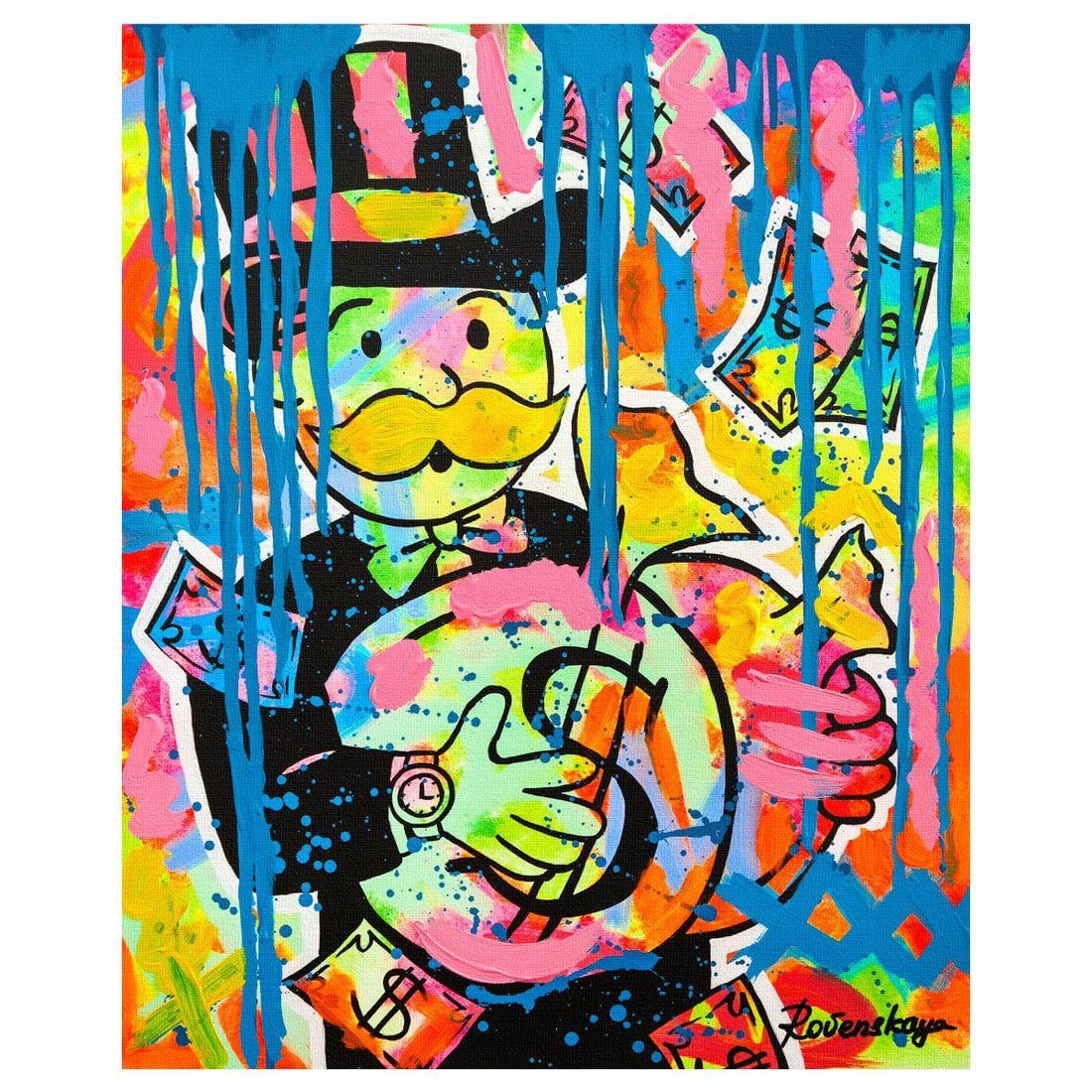 Nastya Rovenskaya- Original Mixed Media on Canvas "Cash In": Artist: Nastya Rovenskaya. Medium: Original Mixed Media on Canvas. Title: Cash In. Size: 20" x 16". Signature: Hand Signed by the artist. Certificate of Authenticity: From the publisher. Reference#: 8