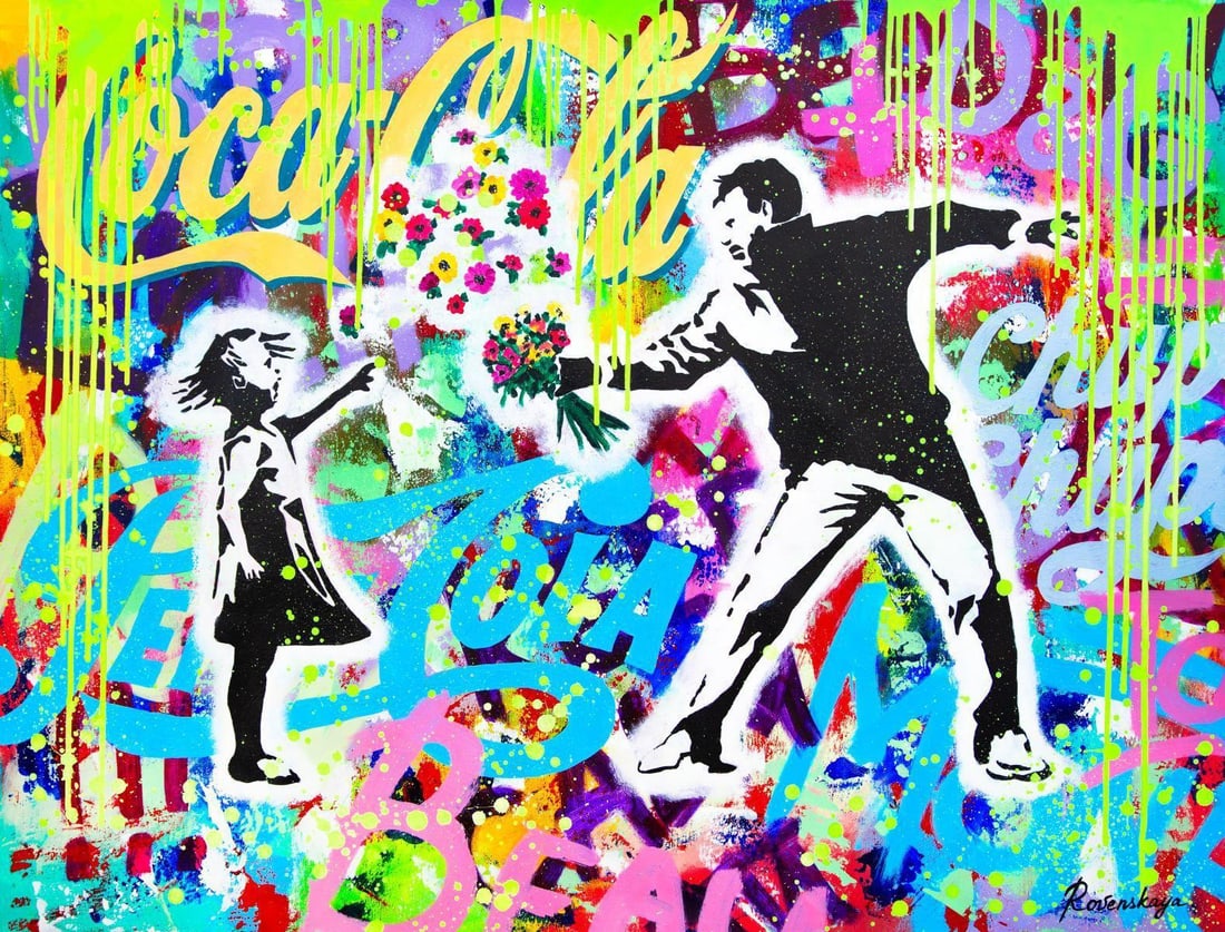 Nastya Rovenskaya- Original Oil on Canvas "The Flower Giver": Artist: Nastya Rovenskaya. Medium: Original Oil on Canvas. Title: The Flower Giver. Size: 30" x 40". Signature: Hand Signed by the artist. Certificate of Authenticity: From the publisher.