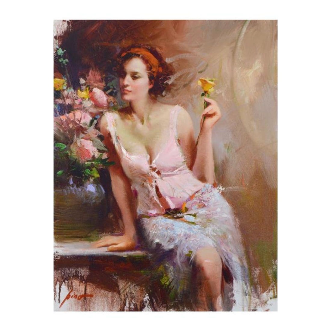 Pino (1939-2010), "Sweet Scent" Limited Edition Hand Embellished Giclee on Canvas. Numbered and Hand: Pino's portraits allow glimpses into intensely personal, intimate spaces, conveying emotion through rich, warm color and sensual brushwork. "Sweet Scent" is a hand embellished limited edition giclee o