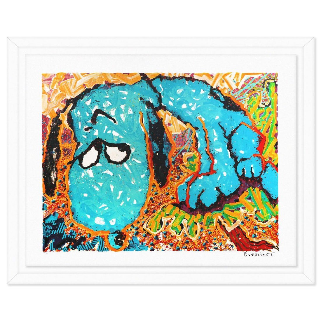 Tom Everhart- Hand Pulled Original Lithograph "Hollywood Hound Dog": Artist: Tom Everhart. Medium: Hand Pulled Original Lithograph. Title: Hollywood Hound Dog. Size: 28" x 37". Measures approx. 33" x 41" (framed). Signature: Hand signed and numbered. Certificate of