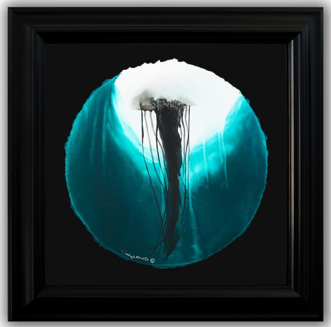 Wyland- Original Watercolor Painting on Deckle Edge Paper "Translucent Jellyfish": Artist: Wyland. Medium: Original Watercolor Painting on Deckle Edge Paper. Title: Translucent Jellyfish. Size: 19" x 19". Measures approx. 30" x 30" (framed). Signature: Hand Signed by the artist. Cer