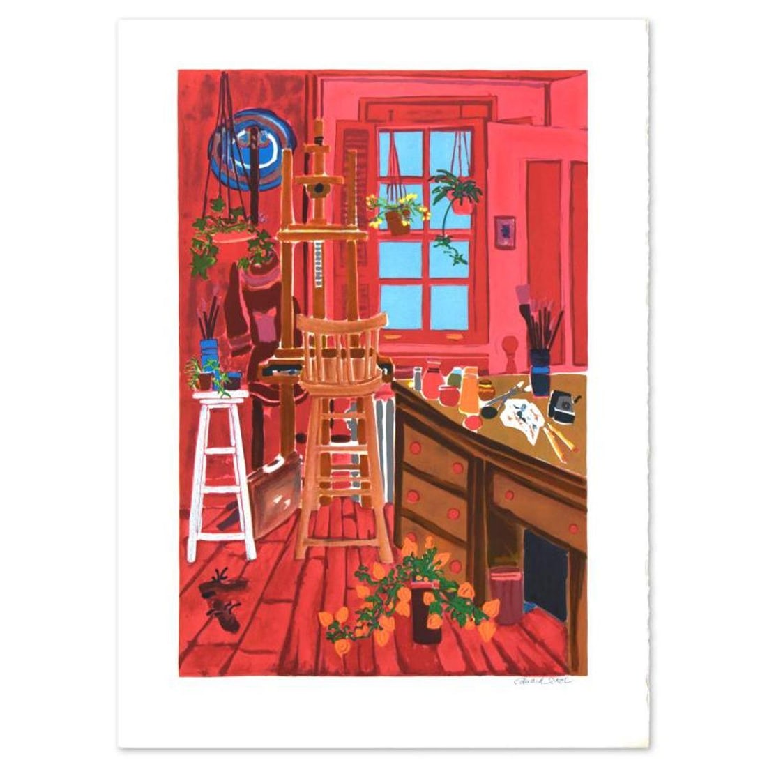 Edward Sokol, "Artist Studio" Limited Edition Lithograph, Numbered and Hand Signed with Letter of: Artist Studio is a limited edition lithograph on paper by Edward Sokol, numbered and hand signed by the artist. Includes Letter of Authenticity.Measures approx. 20" x 27.5" (with border), 16" x 24" (i