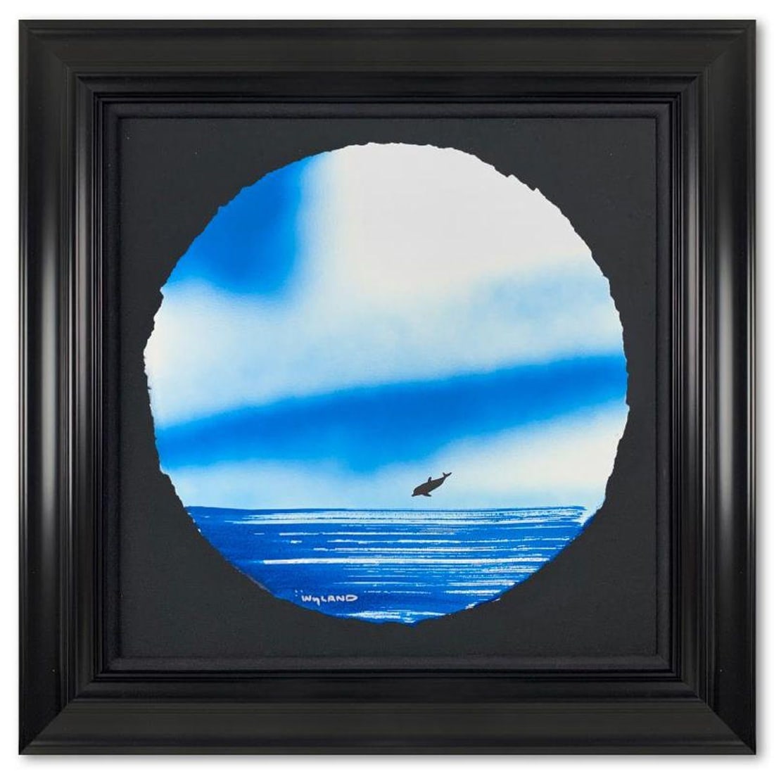 Wyland- Original Watercolor Painting on Deckle Edge Paper "Dolphins": Artist: Wyland. Medium: Original Watercolor Painting on Deckle Edge Paper. Title: Dolphins. Size: 19.5" x 19.5". Measures approx. 27.5" x 27.5" (framed). Signature: Hand signed. Certificate of Authent