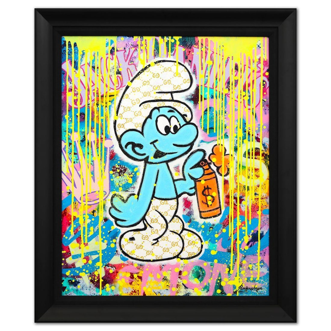 Nastya Rovenskaya- Original Oil on Canvas "Smurf Drip": Artist: Nastya Rovenskaya. Medium: Original Oil on Canvas. Title: Smurf Drip. Size: 30" x 24". Measures approx. 36" x 30" (framed). Signature: Hand Signed. Certificate of Authenticity: Is included. Re