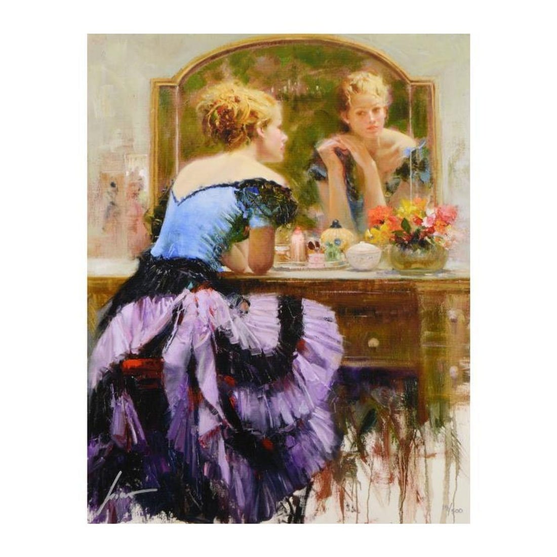 Pino (1939-2010), "By the Mirror" Limited Edition on Canvas, Numbered and Hand Signed with: By the Mirror is a limited edition giclee on canvas by Pino (1939-2010), numbered and hand signed by the artist. Includes Certificate of Authenticity. Measures approx. 14" x 18" (image). Reference#: 9