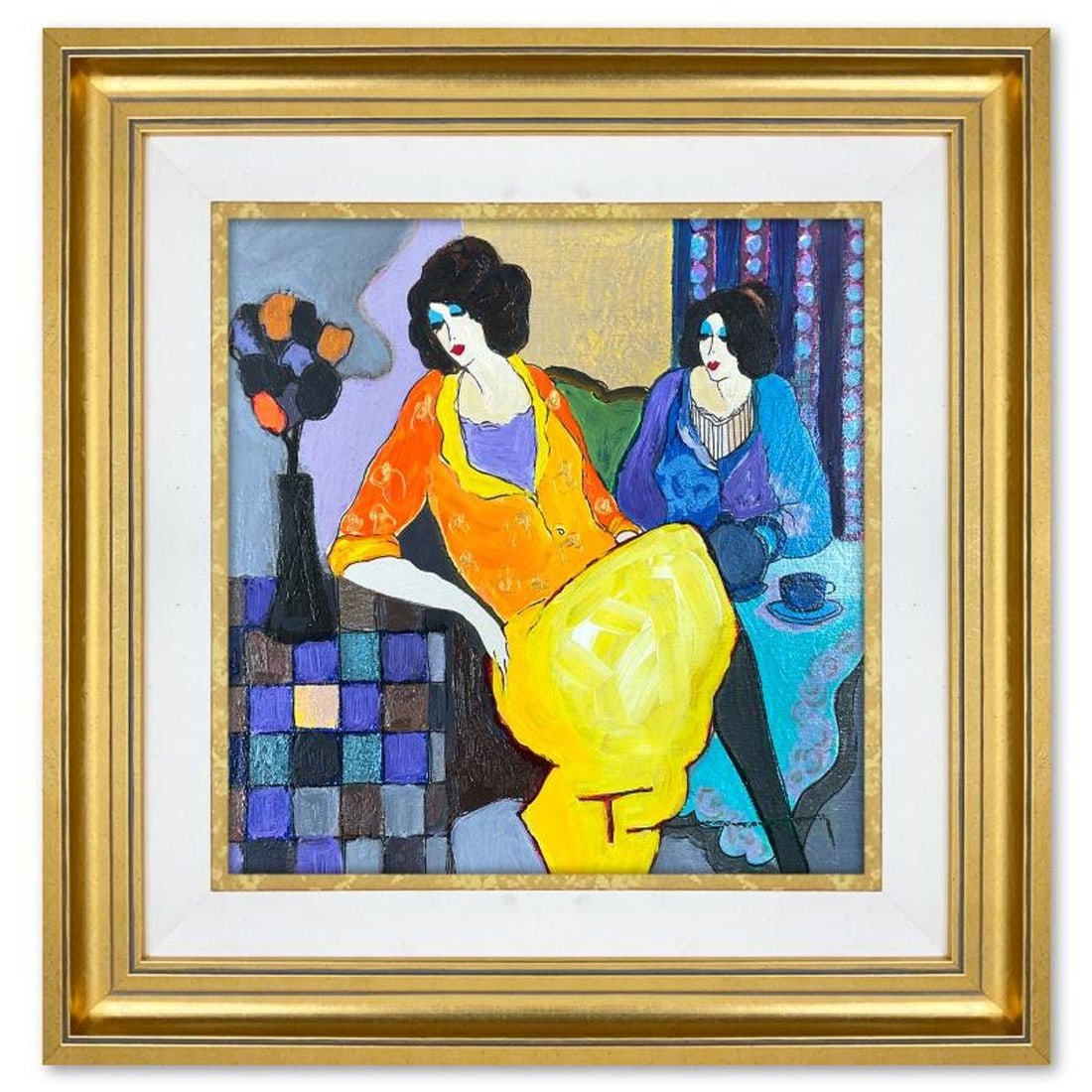 Itzchak Tarkay (1935-2012), "Sisters" Framed One-of-a-Kind Mixed Media Over Paint on Wood, Hand (1 of 2)