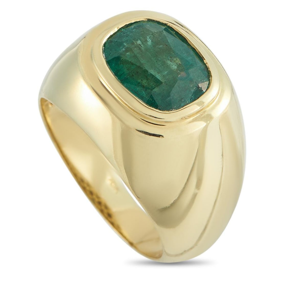 18K YELLOW GOLD 2.80CT EMERALD RING: This impeccably crafted ring offers a stunning sense of simplicity. At the center of the bold 18K Yellow Gold setting, a striking 2.80 carat Emerald adds a breathtaking pop of color. It features a 6mm