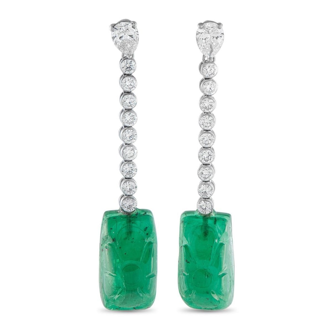 18K WHITE GOLD 1.75CT DIAMOND AND EMERALD EARRINGS: A pair of intense green Emeralds with a total weight of 24.03 carats make these luxury earrings incredibly alluring. Set in 18K White Gold, bezel set Diamonds totaling 1.75 carats add contemporary ele