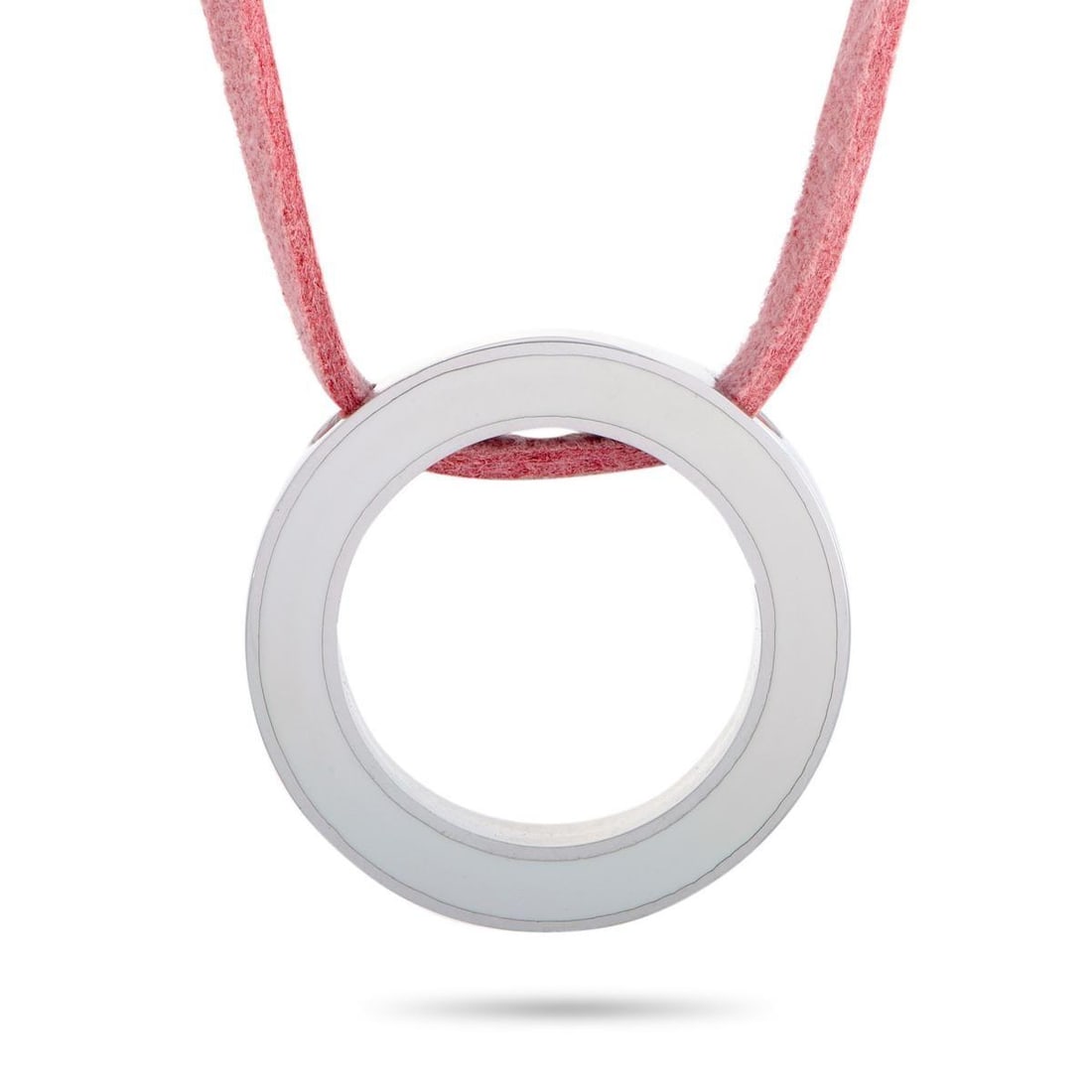 MOVADO BREAST CANCER AWARENESS STERLING SILVER AND ENAMEL CIRCLE PINK LEATHER CORD NECKLACE: This Movado necklace was designed for Breast Cancer Awareness, and features a pink ribbon charm on the clasp. The necklace is made out of sterling silver and pink leather and it is presented with a