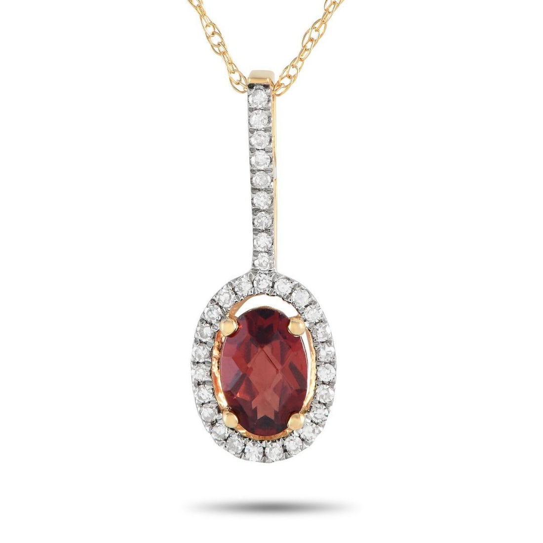 14K YELLOW GOLD 0.09CT DIAMOND AND GARNET PENDANT NECKLACE: This timeless necklace will continually capture your imagination. Suspended from a delicate 18K Chain, youll find a simple, elegant 14K Yellow Gold pendant measuring 0.75 long by 0.25 wide. Sparkling
