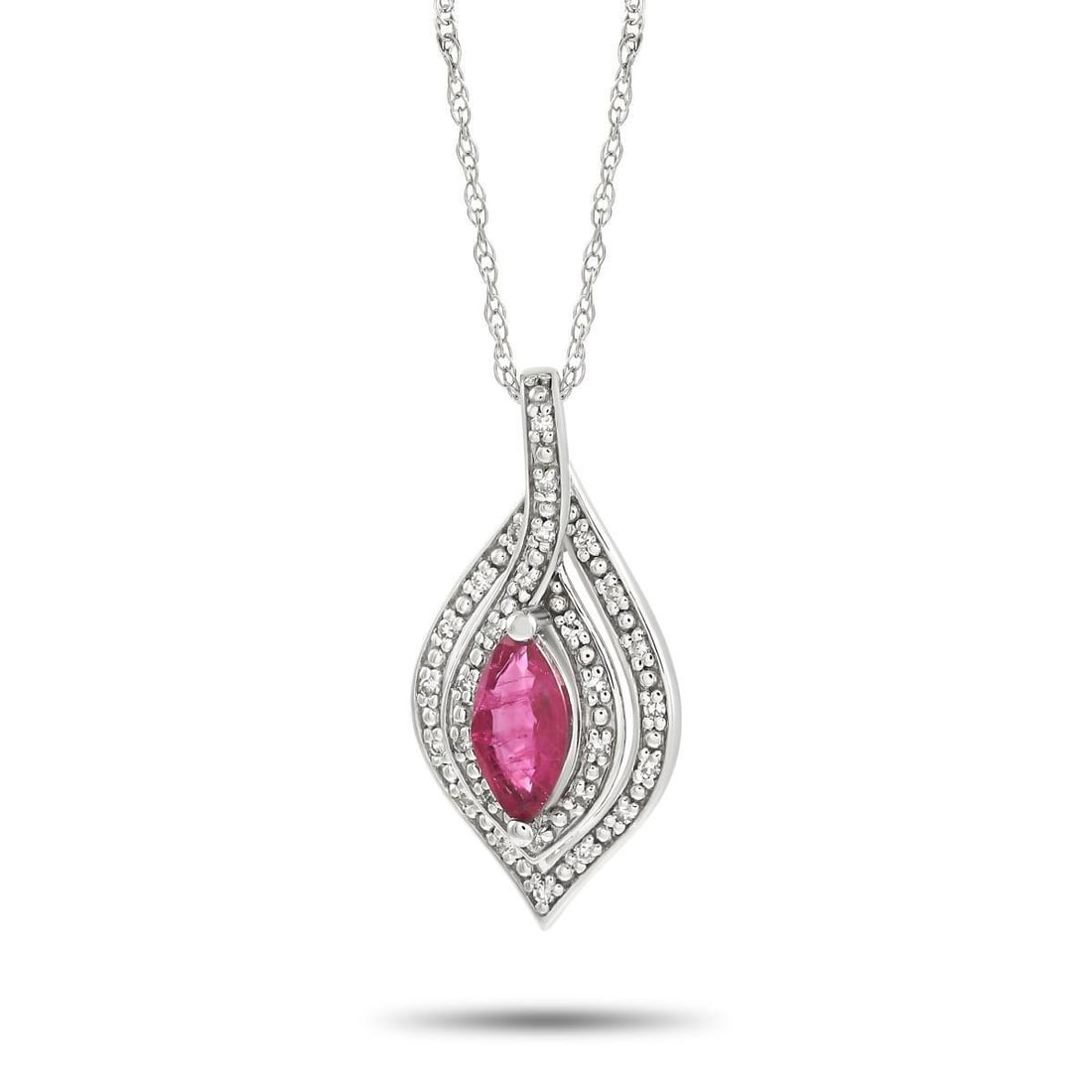 14K WHITE GOLD 0.08 CT DIAMOND AND RUBY NECKLACE: Simple and luxurious, this necklace is the picture of sophistication. At the center of the 14K White Gold pendant - which measures 0.75 long and 0.45 wide - youll find a breathtaking ruby gemstone sur