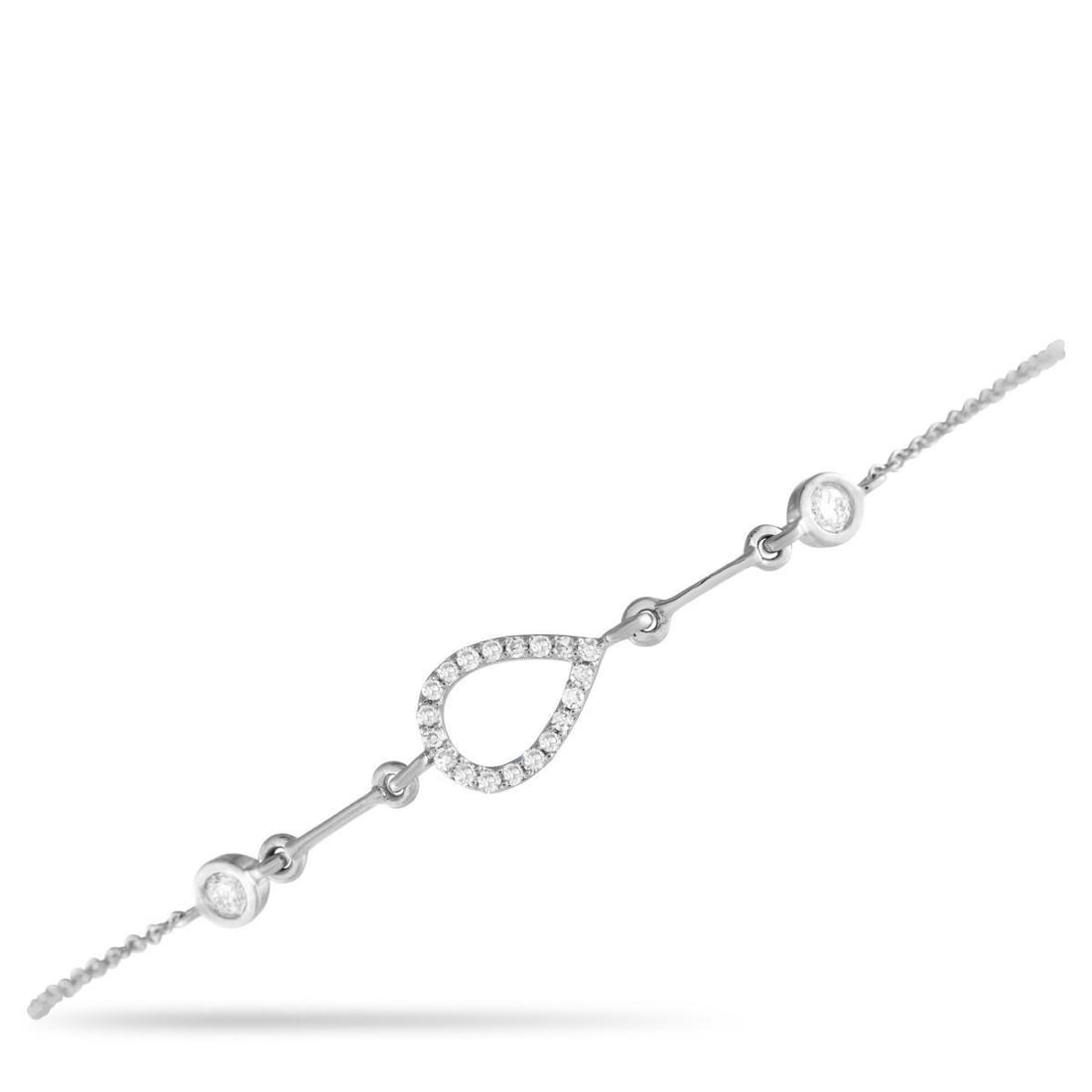 14K WHITE GOLD 0.16CT DIAMOND BRACELET: The perfect sparkler to round out a busy woman's day-to-day outfit. This bracelet is fashioned in 14K white gold, secured by a spring ring clasp. It is adorned with two bezel-set round diamonds
