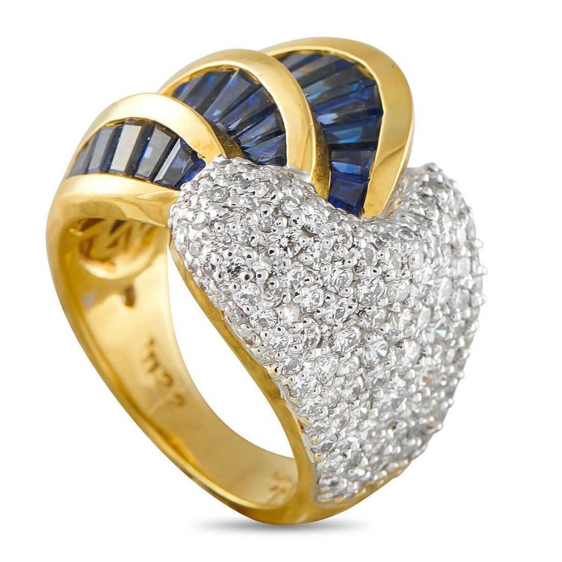 18K YELLOW GOLD 1.49CT DIAMOND AND SAPPHIRE RING: This luxury ring is beautifully balanced. On one side, pave Diamonds with a total weight of 1.49 carats provide plenty of sparkle. On the other, Sapphires with a total weight of 3.94 carats add